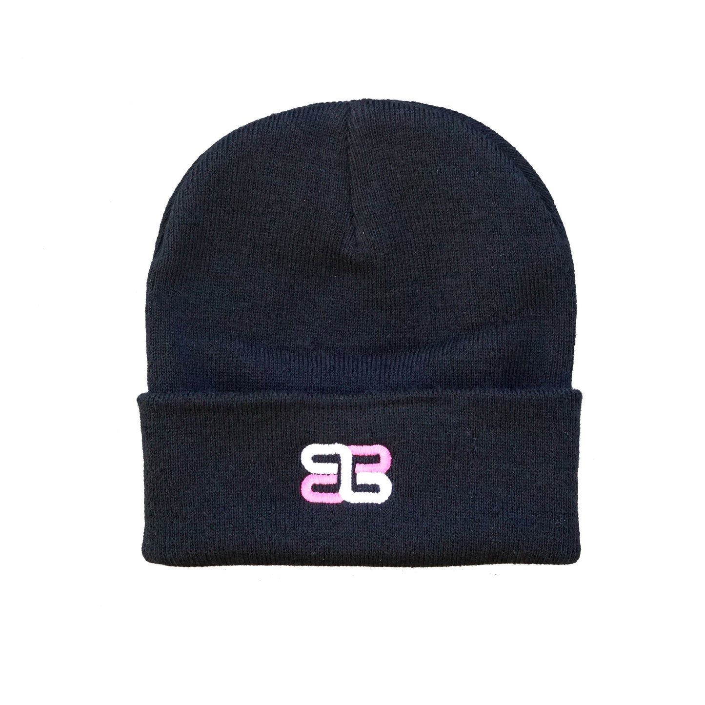 eclectic. black beanie pink&white logo