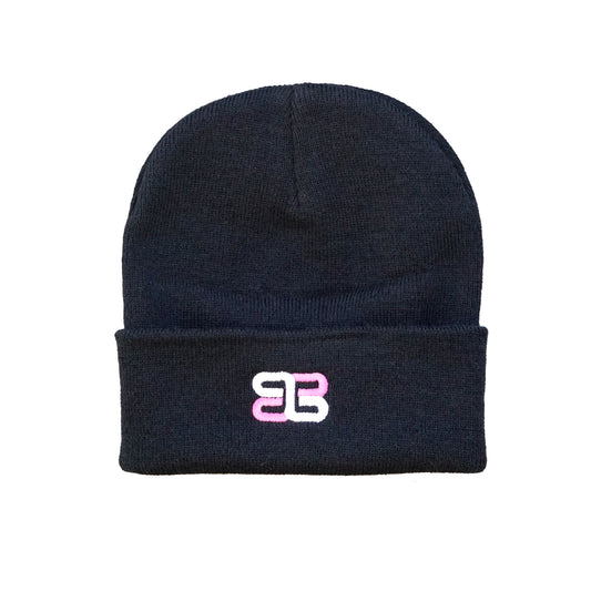 eclectic. black beanie pink&white logo